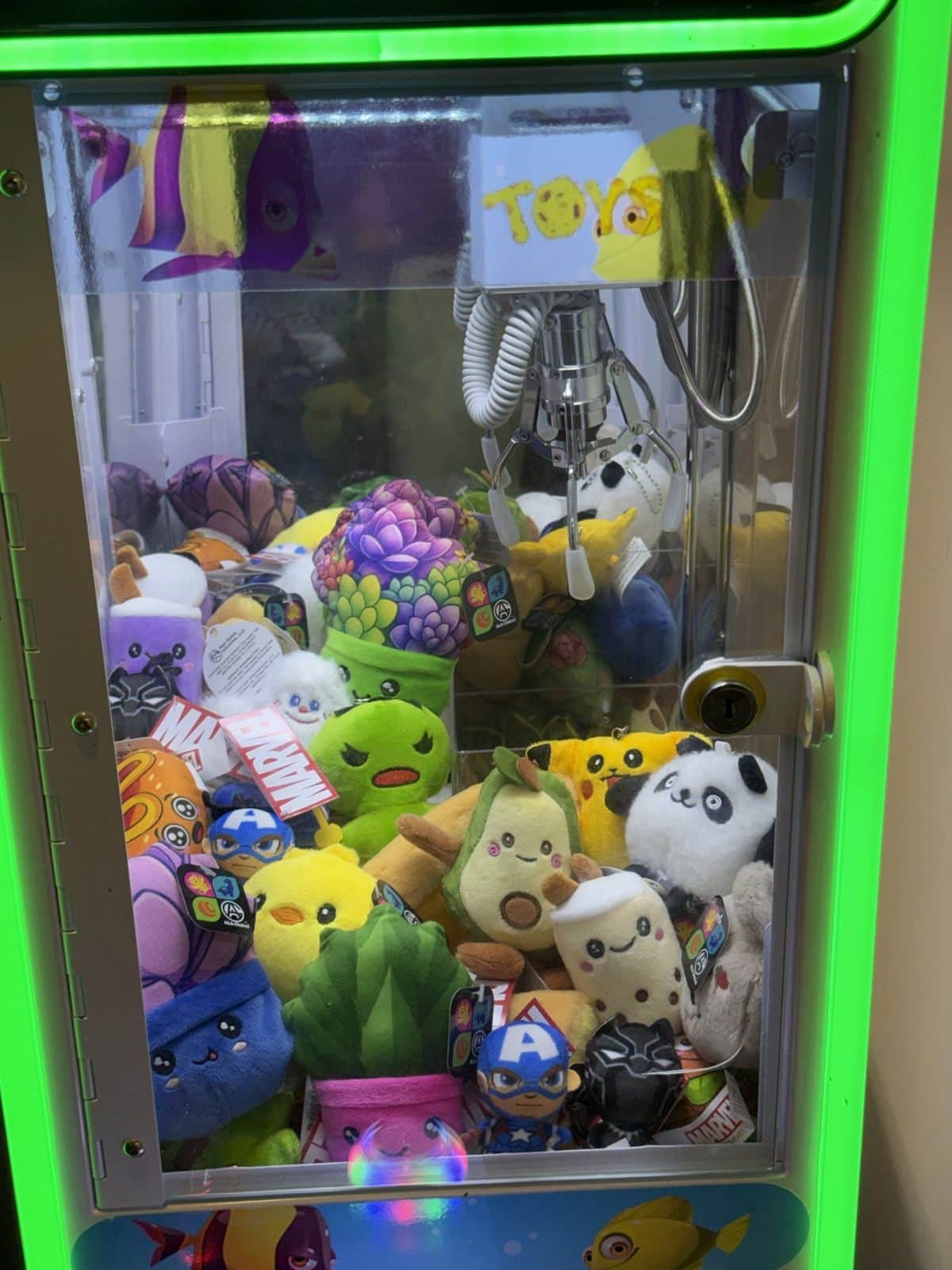 Inside a claw machine: pandas, a green avocado plush, and a bunch of grapes in a heap